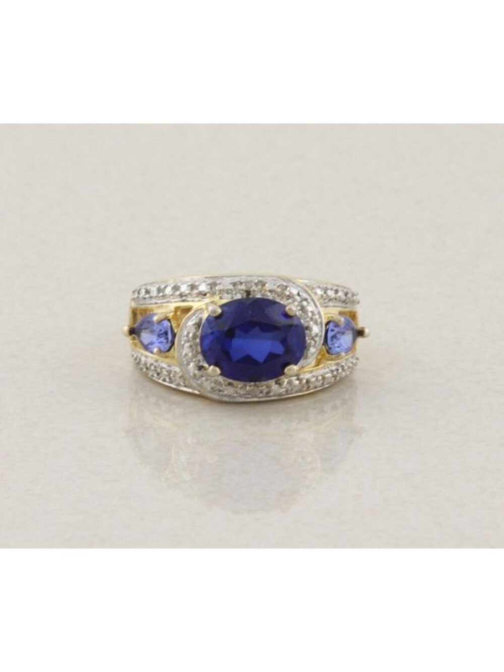18k Gold Over Sterling Silver Lab Created Blue Sapphire & Diamond Ring Sz 8 1/4